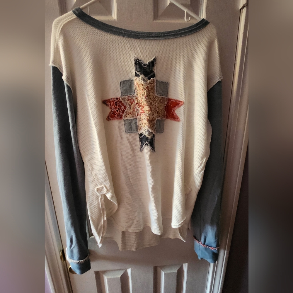 Cream and Gray Crewneck Sweater with Patchwork Design